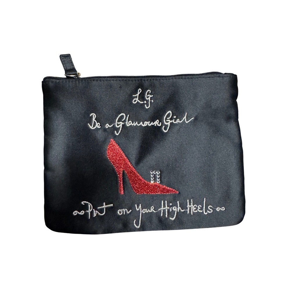Lulu Guinness Black Satin Makeup Bag Glamour Girl Red High Heel Pouch Clutch